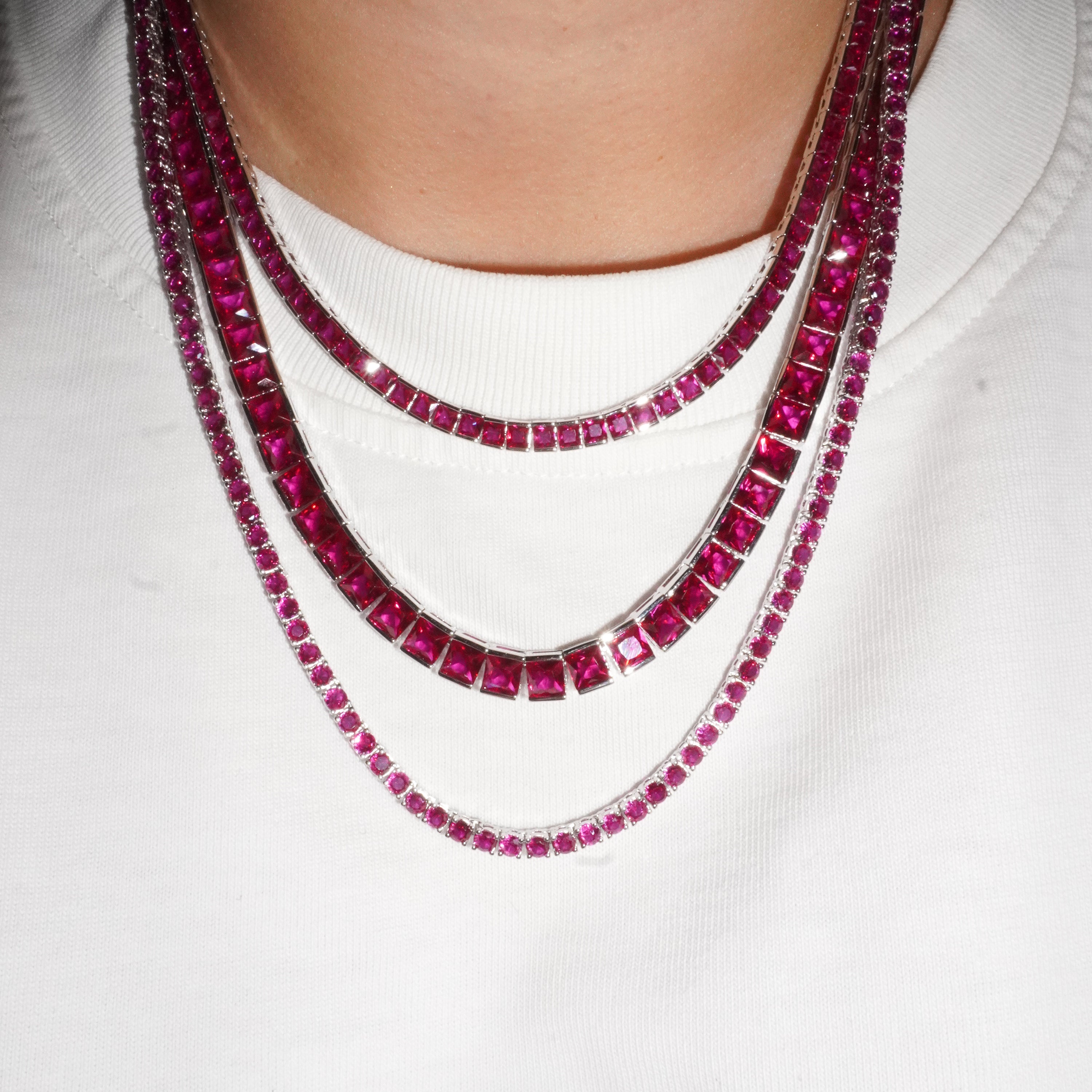 Thick square tennis necklace pink silver
