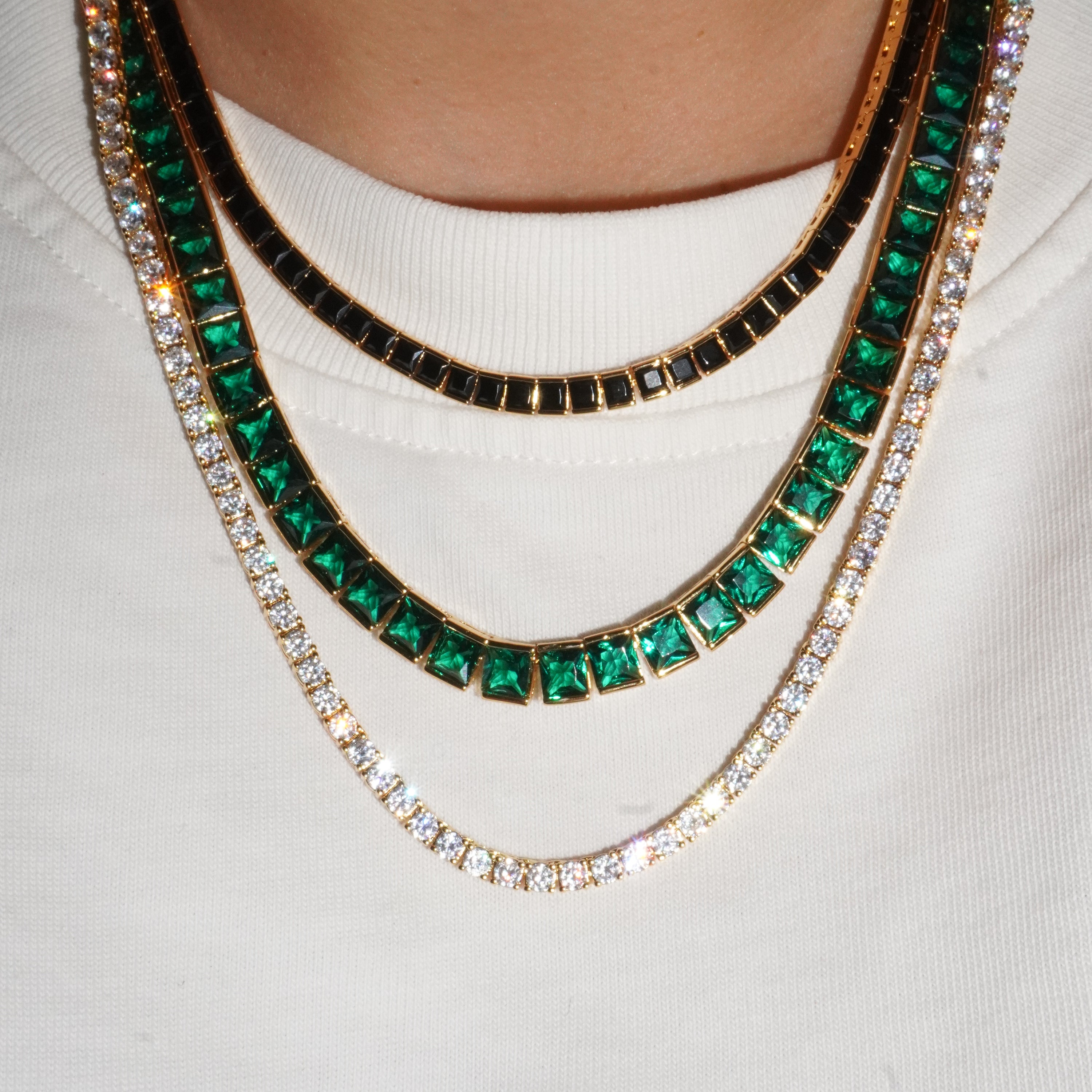 Thick square tennis necklace green gold