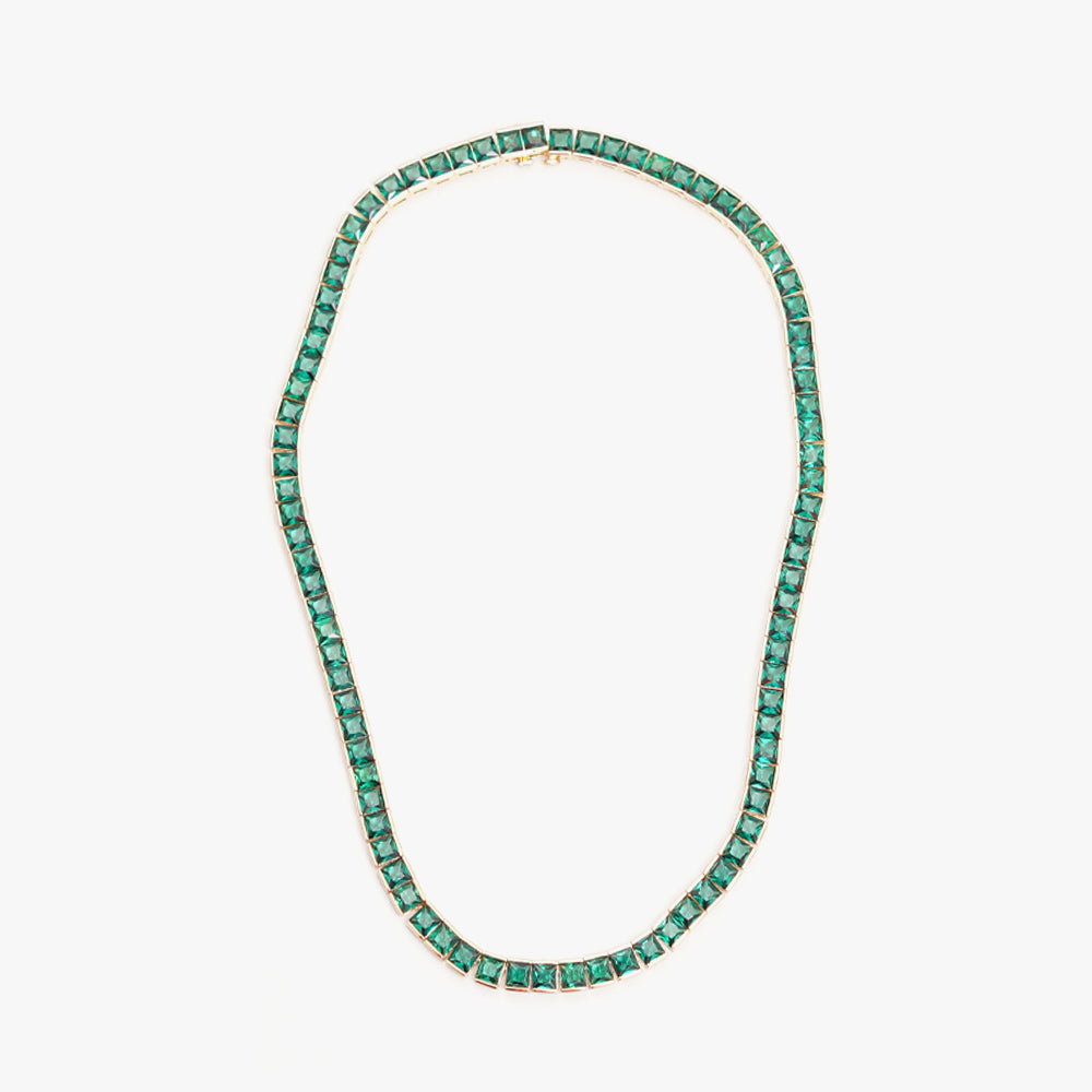 Thick square tennis necklace green gold