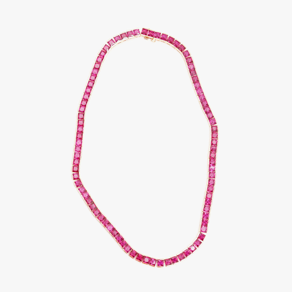 Thick square tennis necklace pink gold