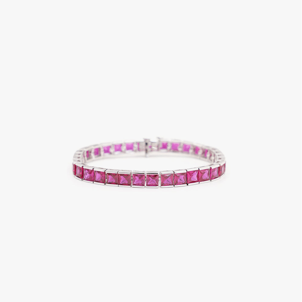 Thick square tennis bracelet pink silver