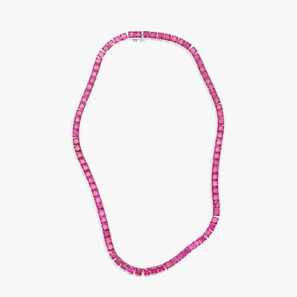 Thick square tennis necklace pink silver